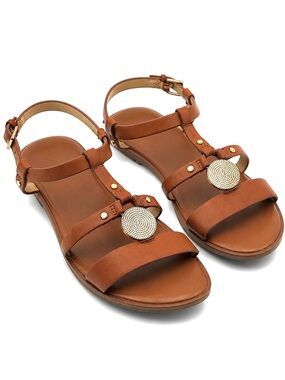 Aldo Chickasaw Gladiator Sandals Cognac Faux Leather T Strap Medallion Size 7.5